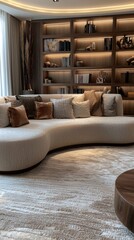 Wall Mural - A rounded sofa with a modern modern style carpet in beige tones with a bookcase in the back and decorative accessories and lighting 