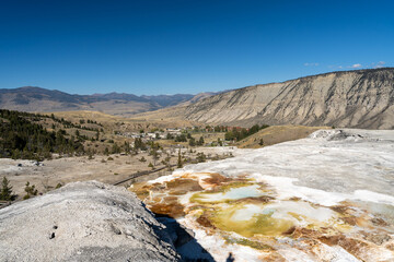 Views of Mammoth Hot Springs on a sunny day at Yellowstone National Park.