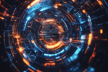 Wall Mural - a black background with blue and orange light. illuminated digital tunnel, hud element. hologram on 