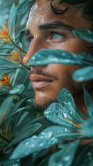 Canvas Print - Man with Blue Eyes Gazing Through Tropical Leaves