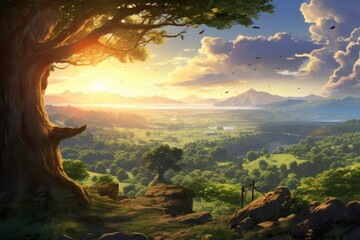 Canvas Print - Fantacy grand kingdom wilderness landscape sunlight.