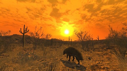 Poster - A desert landscape at sunset featuring a spiny creature against a vibrant sky.