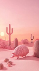 Poster - A whimsical pink desert scene featuring a hedgehog and cacti under a sunset.