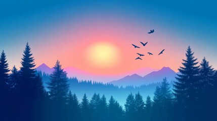 Sticker - Sunset illustration of a mountain landscape