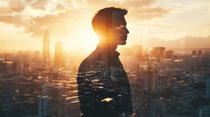 Wall Mural - a man standing in front of a glass window, double exposure, silhouette of businessman or worker in a