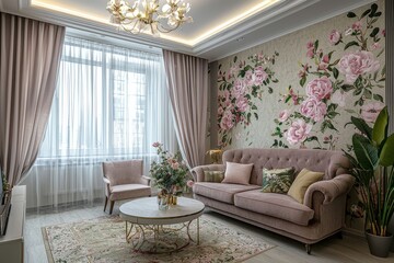 Wall Mural - Create modern a fully furnished living room featuring the wallpaper with pink flowers and green leaves on a grayish background as seen in the provided image