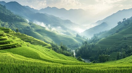 Sticker - Serene Rice Terraces in a Misty Mountain Valley