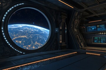 Wall Mural - spacecraft white cabin with stunning view of the universe through the round window