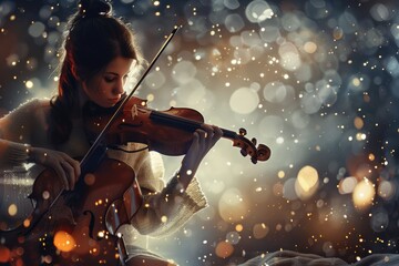 Wall Mural - Glowing classical instruments sparkle with floating music notes in a dreamy concert hall