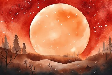 Wall Mural - Vintage painting of the big red moon at night astronomy outdoors nature.