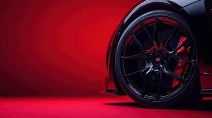 Black Car Wheel on Red Background