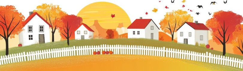 Sticker - Countryside landscape in autumn, Modern illustration of horizontal banner of autumn landscape with mountains and farmhouse falling leaves