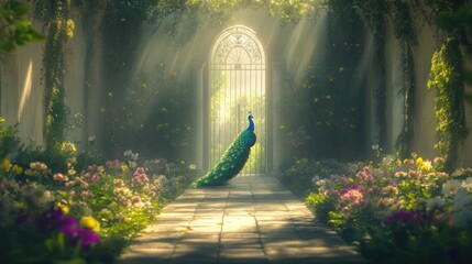 Canvas Print - A vibrant peacock stands in a sunlit garden, surrounded by colorful flowers and greenery.