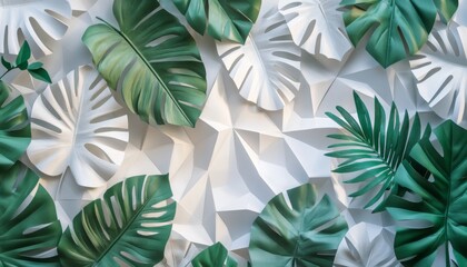 Green tropical leaves on a white geometric background.