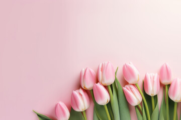 Poster - Photo of tulips border on pink background.