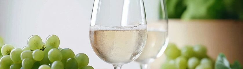 Two elegant glasses of white wine beside fresh green grapes, capturing a moment of relaxation and indulgence in a serene dining setting.