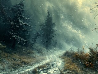 Sticker - Stormy Forest Path: A Dramatic Landscape