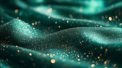 Abstract background of teal fabric with glitter and bokeh lights.