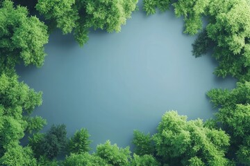 Poster - Aerial view of lush green trees surrounding a serene blue water body, creating a peaceful natural oasis ideal for relaxation and meditation.