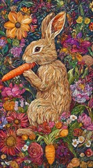 Poster - A whimsical rabbit enjoying a carrot among a vibrant array of flowers.