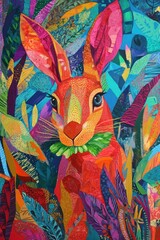 Canvas Print - A vibrant, colorful rabbit surrounded by lush foliage, showcasing artistic expression and nature.