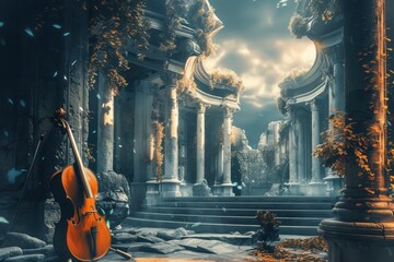 Wall Mural - Glowing classical instruments sparkle with floating music notes in a dreamy concert hall