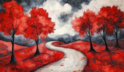 Wall Mural - As autumn approaches, a beautiful colorful forest is surrounded by emptiness and asphalt