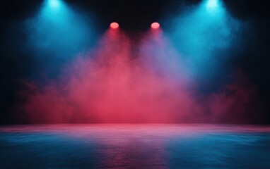 Wall Mural - A vibrant stage background featuring dramatic blue and red lighting with mist, perfect for performances, events, or creative projects.