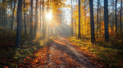 Wall Mural - sunlight streaming through autumn forest with a leaf-covered path. scenic nature photography of a fa
