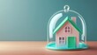© Nim9ty  Pics - A miniature house under a glass dome sits on a wooden surface, symbolizing protection and safety in a serene, minimalist setting.