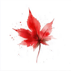 Sticker - Watercolor illustration. Autumn red maple leaf isolated on white background. Fall, October. Watercolor blurred stains, splashes.	