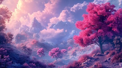 Poster - Pink Sky Over Misty Mountain Peaks