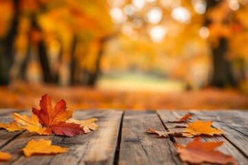 Poster - The background is blurred with orange autumn leaves against a wooden table with an empty space for products.