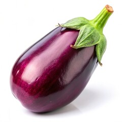 Fresh eggplant isolated on a white background, showcasing its vibrant purple color and green stem. Perfect for culinary themes, healthy eating, and vegetarian lifestyle concepts