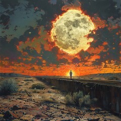 Canvas Print - Lonely Figure on a Desolate Railroad Track Under a Giant Moon