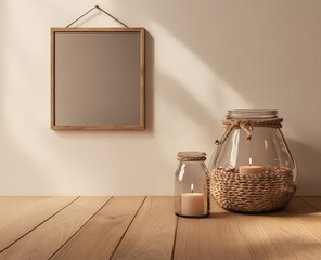 Canvas Print - Two candles in glass jars on a wooden table with a frame on the wall.