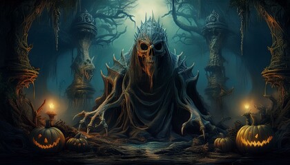 Scary Halloween scene with a dark creature, mystic objects and fantastic spiritual fabric background