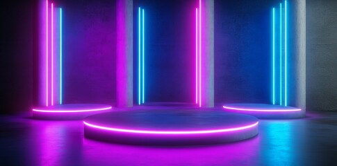 Wall Mural - in a spaceship laboratory, glowing neon illuminates the interior architecture for a cyberpunk produc