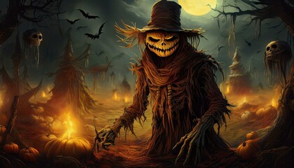 Scary Halloween scene with a dark creature, mystic objects and fantastic spiritual fabric background