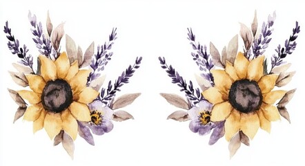 Poster - The sunflower and lavender flowers set is a watercolor illustration isolated on white background. The watercolor illustration can be used for greeting cards, posters, and rustic wedding invitations.