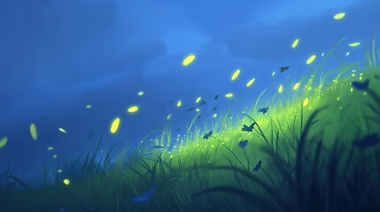 Wall Mural - A serene night scene with glowing fireflies over lush grass under a twilight sky.