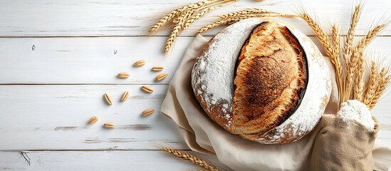 Wall Mural - Top view of a loaf of bread with wheat ears and a bag of flour on a white wooden surface creating a baking bread background with copy space image