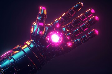 Canvas Print - An arm or hand of a robot presses the index finger. Blue neon colors and futuristic design.