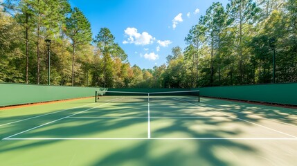 Wall Mural - A tranquil and picturesque scene of a tennis court nestled amidst a verdant landscape where the interplay of light and shadows creates an alluring and serene atmosphere