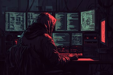 Hackers attack web servers in a dark room, using monitors to spread viruses. Internet criminal hacking and malware concept.