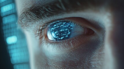A young man reads code in a futuristic concept