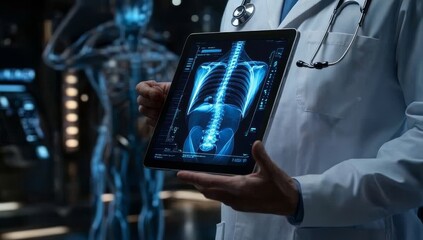 Poster - Hands of a doctor holding a digital screen with a projected hologram of a human body.