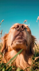 Wall Mural - A close-up of a golden retriever enjoying the outdoors with a serene expression.