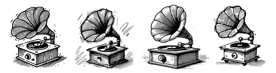 hand-drawn vintage gramophones with detailed sketch design, black vector illustration