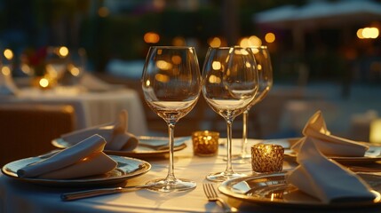 elegant dining table set with wine glasses and candles at a romantic evening venue